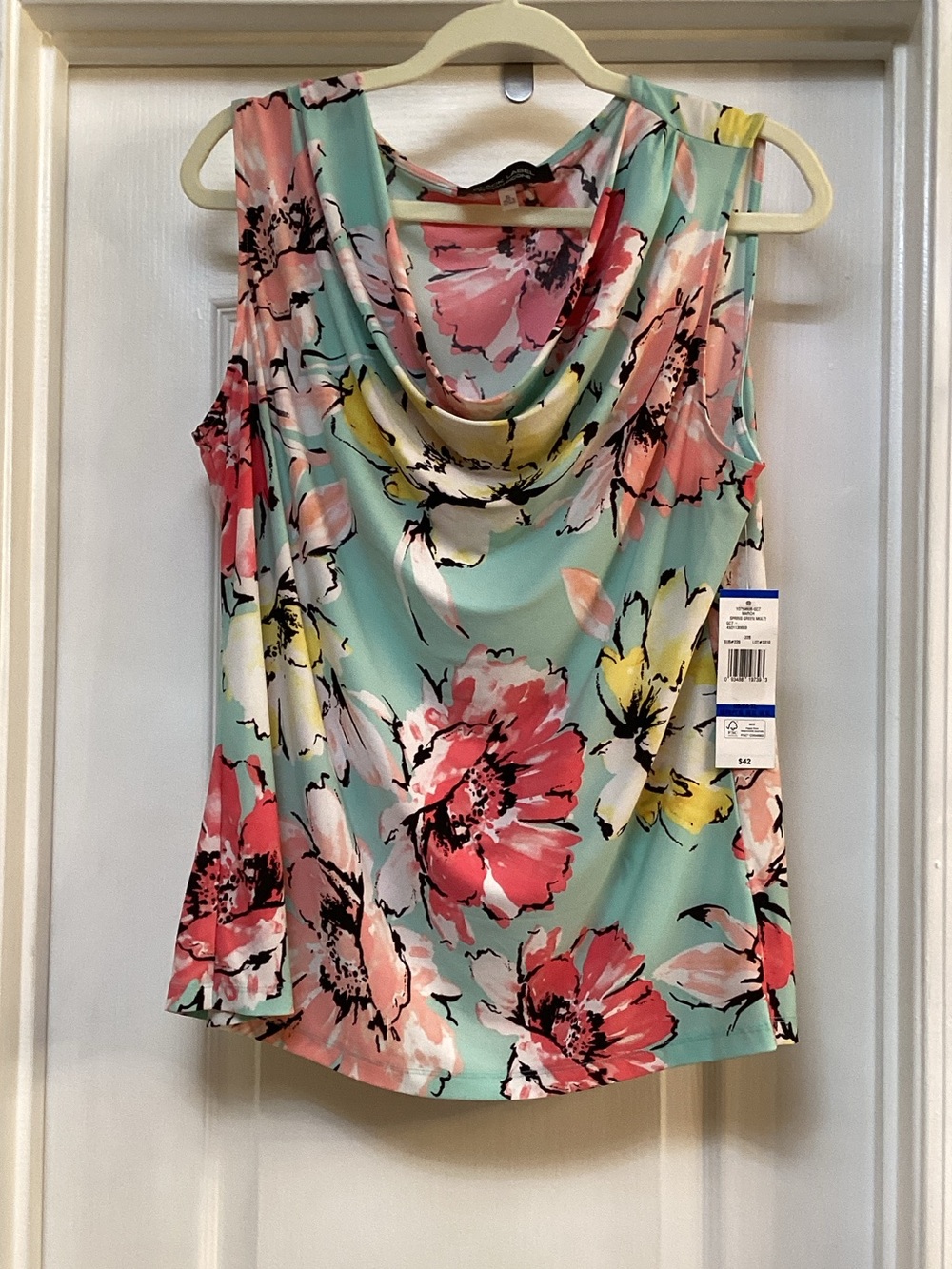 Women’s Floral Cowl Neck Sleeveless Top in Aqua and Coral
